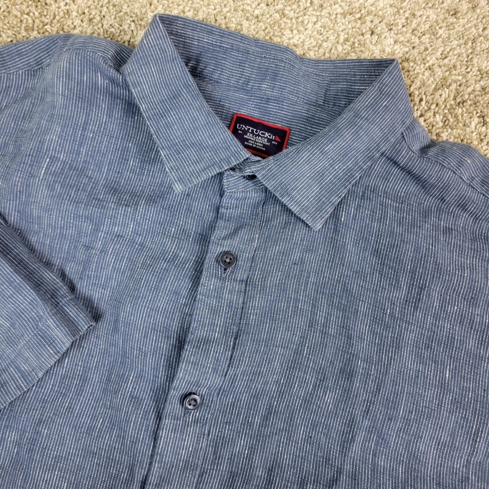 Untuckit Wrinkle Resistant Mens 2XL Blue Striped Button Up SS 100% Linen